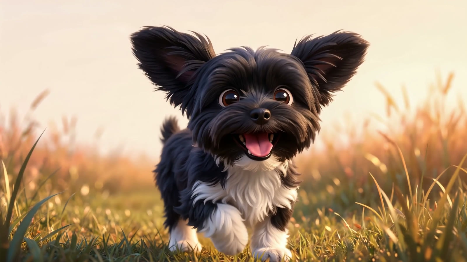 Daisy the Yorkie bounding through a sunlit meadow